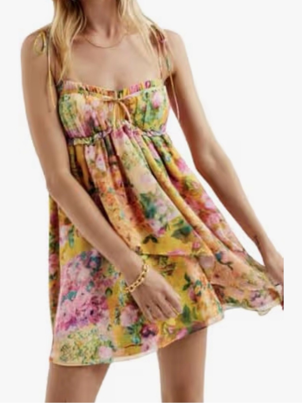 Floral Tie-Shoulder Mini Dress in Yellow